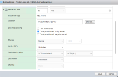 ESXi edit settings pop-up with the disk provisioning options displayed in the middle.